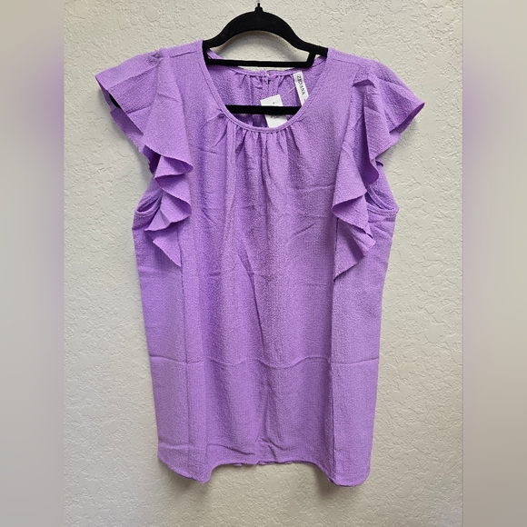 Zenana NWT Women's Purple Airflow Flutter Sleeve Ruffle Sleeve Top Size Large - Picture 3 of 8